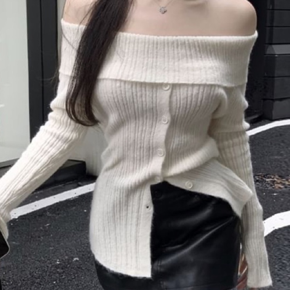 Long Sleeve Off the Shoulder Knit Sweater with Buttons in Cream/White